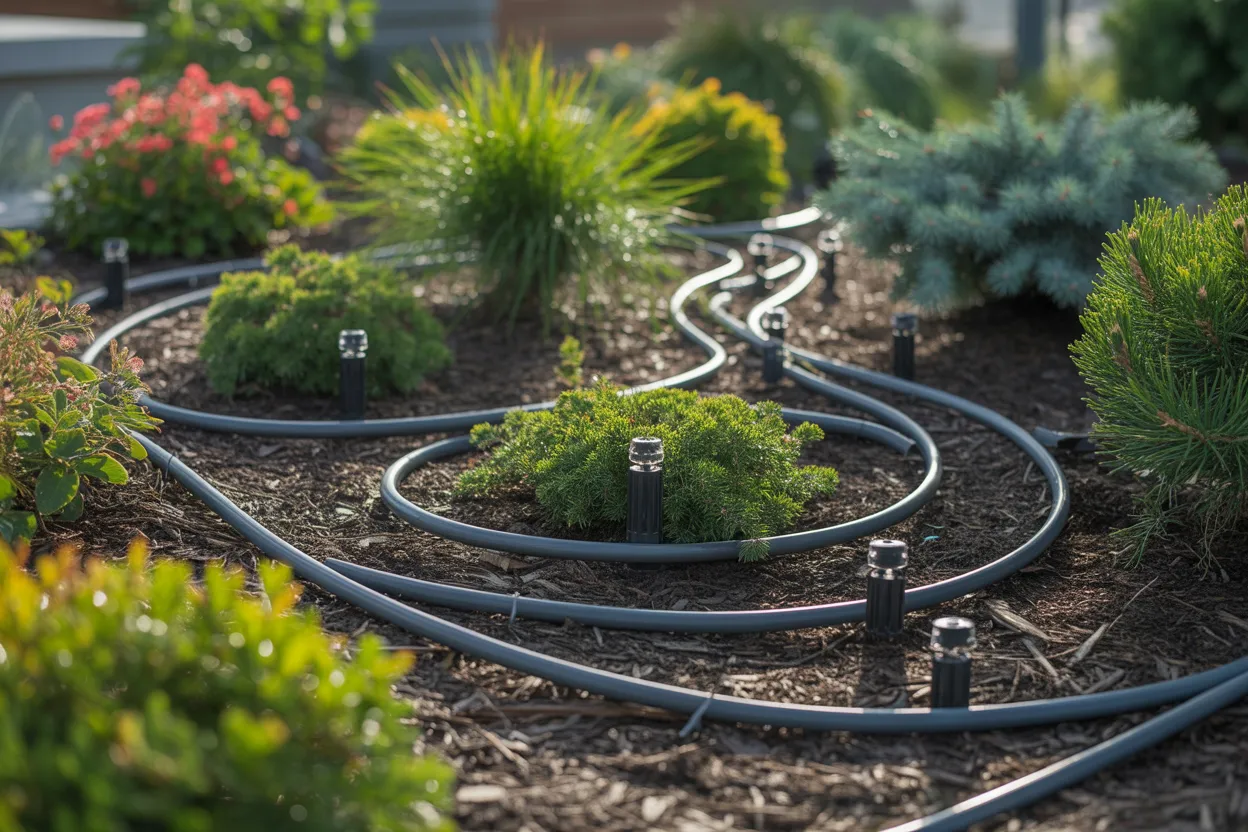 Drip irrigation tubing around young plants