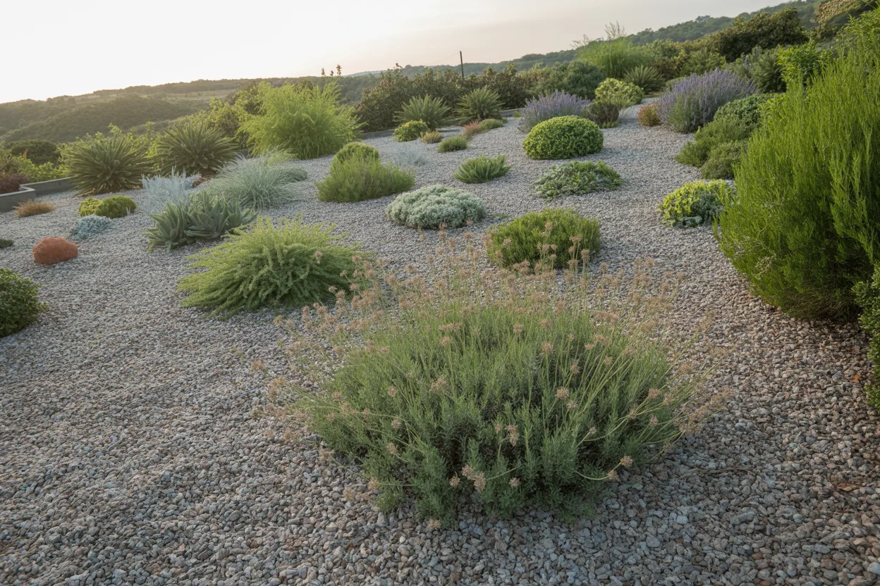 Modern home with fire-safe landscaping and gravel border